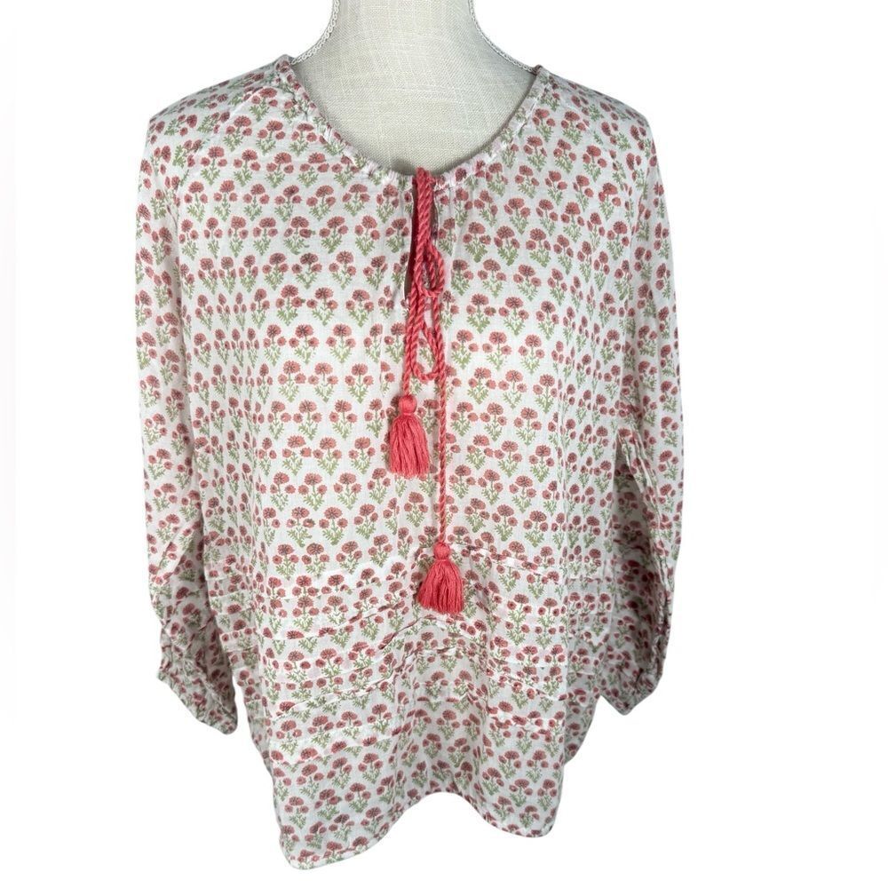 Roller Rabbit Red & Green Floral Tassel Tie Lightweight 3/4 Sleeve Boho Top